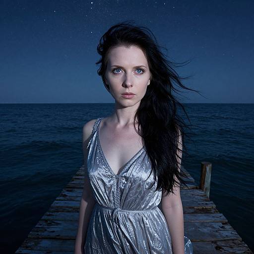 Photograph of a pale-skinned woman with long black hair, wearing a silver, textured dress, standing on a wooden dock at night by the sea