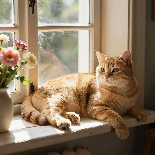 Blonde Tabby Cat on Sunlit Windowsill