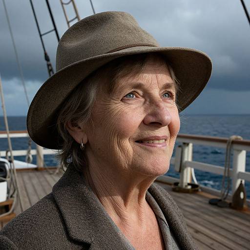 Photograph of an elderly woman with fair skin, wearing a brown hat and dark coat, smiling on a wooden boat deck with ocean and cloudy sky in
