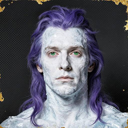 Photorealistic digital portrait of a man with long purple hair, white face paint, and green eyes against a dark, textured background.