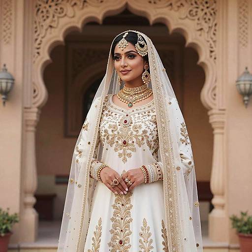 Photograph of a South Asian bride in a white, gold-embroidered traditional dress, veil, and jewelry, standing in front of an orn
