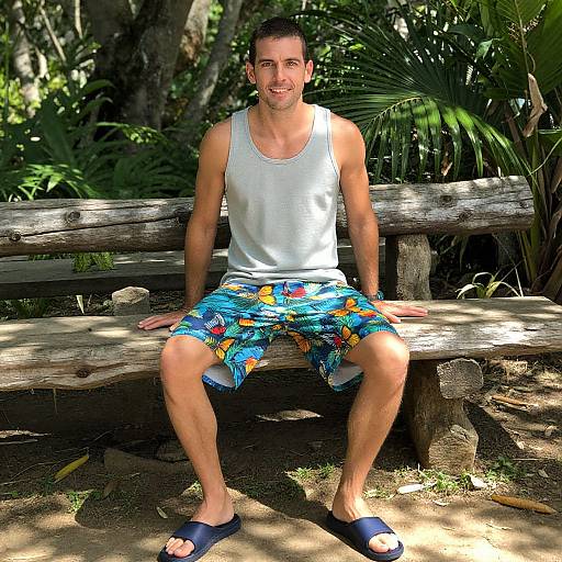 Photograph of a smiling, muscular man with short brown hair, wearing a white tank top, colorful floral shorts, and black sandals, sitting on a