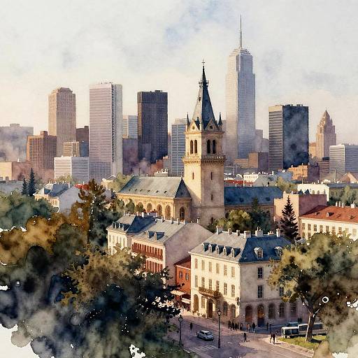 Watercolor-style cityscape of a downtown area with a prominent clock tower, surrounded by trees, and modern skyscrapers in the background.