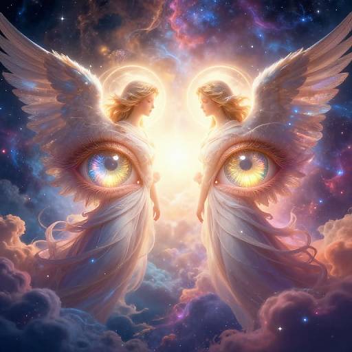 Digital art of a radiant, angelic figure with glowing eyes, feathered wings, and a halo, set against a colorful, starry cosmic background