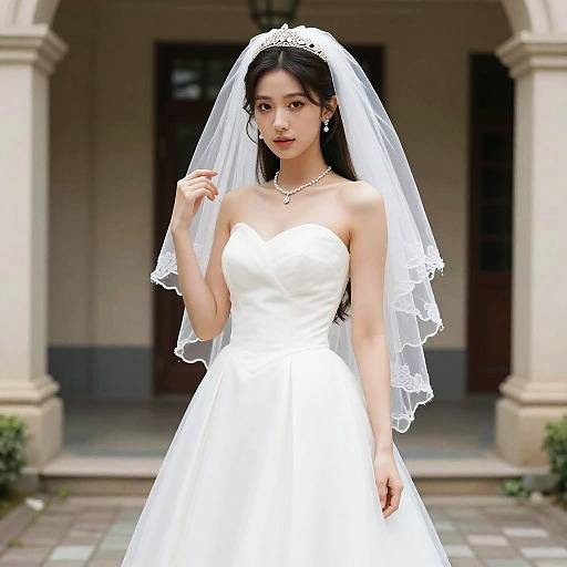 Photograph of an Asian bride with long black hair, wearing a white strapless wedding dress, pearl necklace, and lace veil, standing in front of