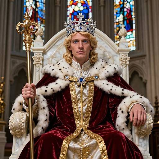 Photograph of a blonde, blue-eyed king with silver crown, velvet robe with white fur trim, holding a gold scepter, seated in an orn