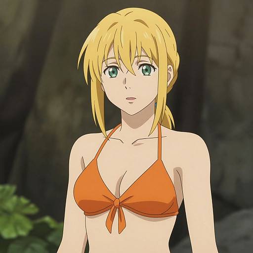 Digital anime-style drawing of a blonde woman with green eyes, wearing an orange bikini top, standing in a forest background.