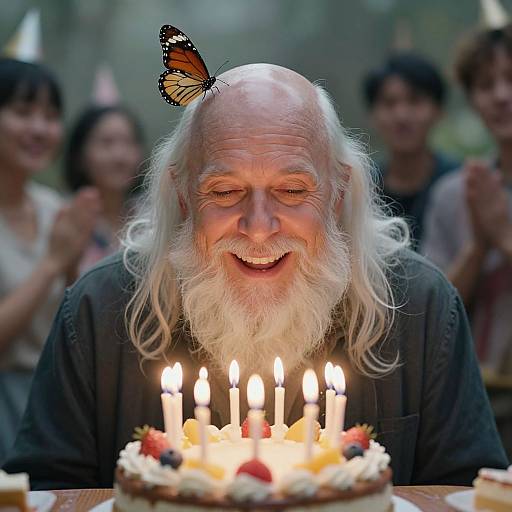 Photograph of an elderly man with a white beard, long white hair, and a butterfly on his head, smiling at a birthday cake with lit candles