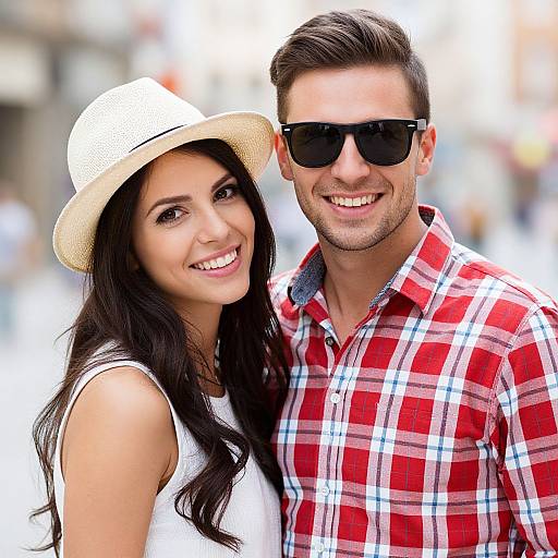Photograph of a smiling couple: woman with long black hair, white hat, white sleeveless top; man with short brown hair, black sunglasses,