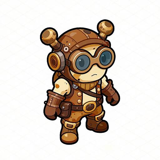 Chibi-style digital drawing of a steampunk adventurer with large goggles, brown leather helmet, and outfit, standing against a white background.