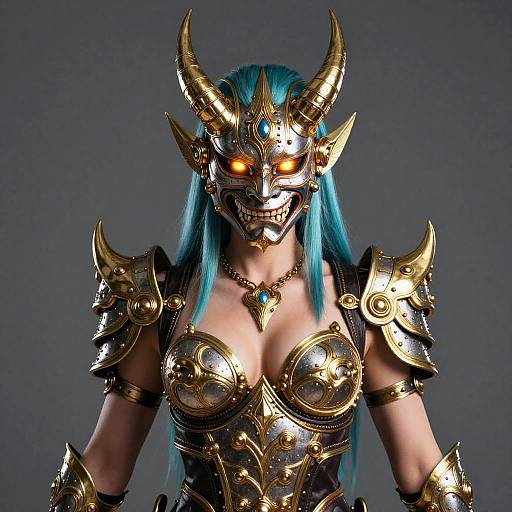 CGI image of a fierce, blue-haired woman with glowing orange eyes, wearing ornate, gold-horned armor, exposing cleavage, against