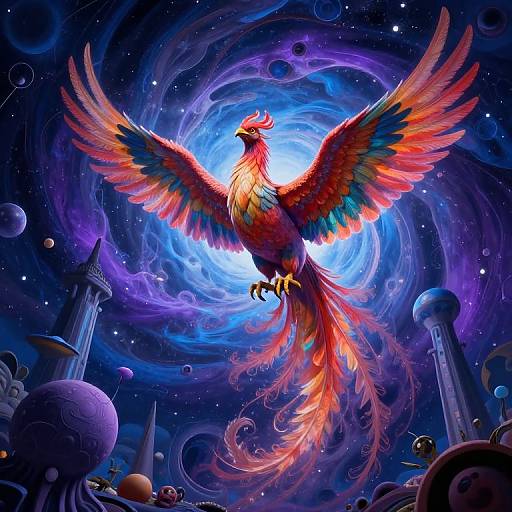 Digital artwork of a vibrant phoenix with red, orange, and blue feathers soaring through a swirling, cosmic galaxy with planets and towers.