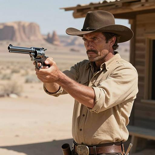 Serious Cowboy Aiming Revolver in Desert