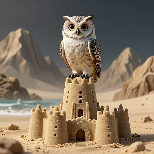 Photorealistic image of a detailed sandcastle with a realistic owl perched on top, set against a desert beach with mountains and ocean in the background