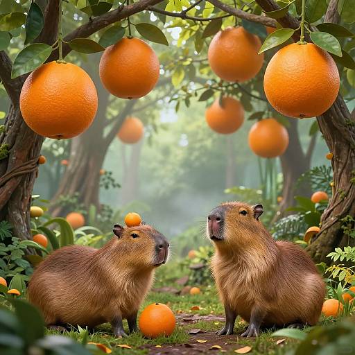 Photorealistic digital artwork of two brown beavers standing in a lush forest orchard, surrounded by large, hanging oranges and scattered fruit.