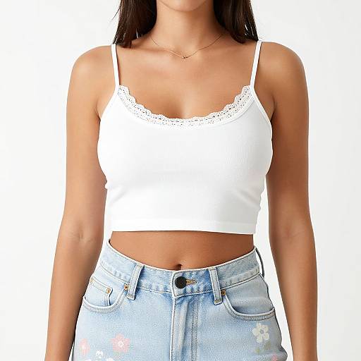 Photograph of a woman with light brown skin, wearing a white lace-trimmed crop top and light blue distressed denim jeans.