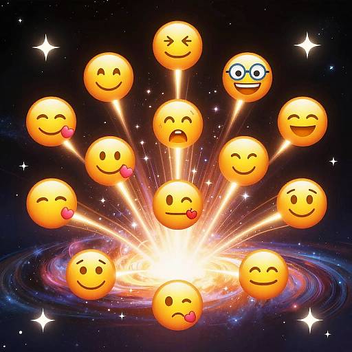 Digital artwork of 11 yellow smiley faces with various expressions radiating from a bright explosion against a cosmic galaxy background.