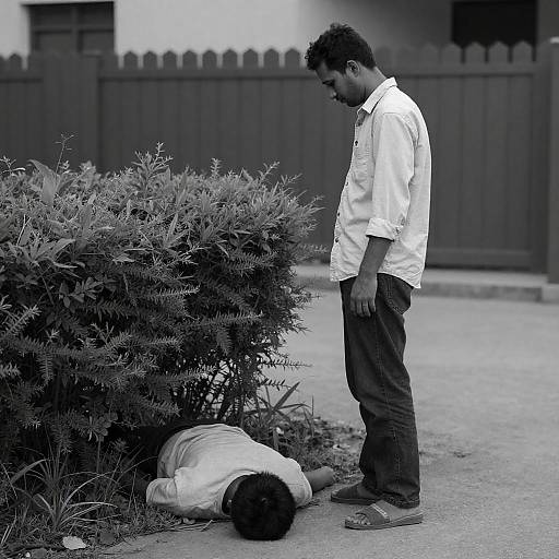 Somber Black-and-White Man Beside Bush