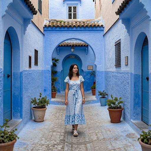 Photograph of a woman with long brown hair wearing a white lace dress, standing in a vibrant blue, cobblestone alleyway with arched door