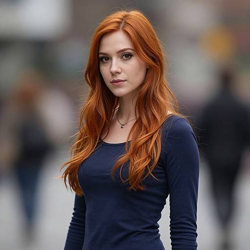 Photograph of a young woman with long, wavy red hair, wearing a navy blue long-sleeve top, standing in a blurred urban background