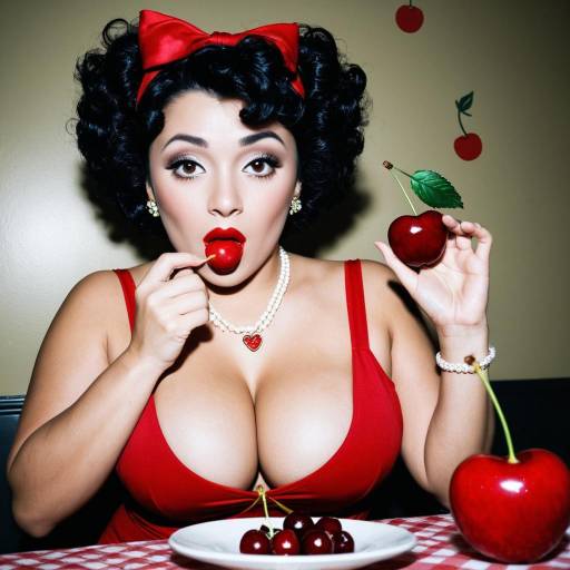 Woman in Cherry Outfit Eating Cherry