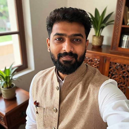 Photograph of a bearded South Asian man with dark hair, wearing a beige vest over a white shirt, smiling in a warmly lit room with p