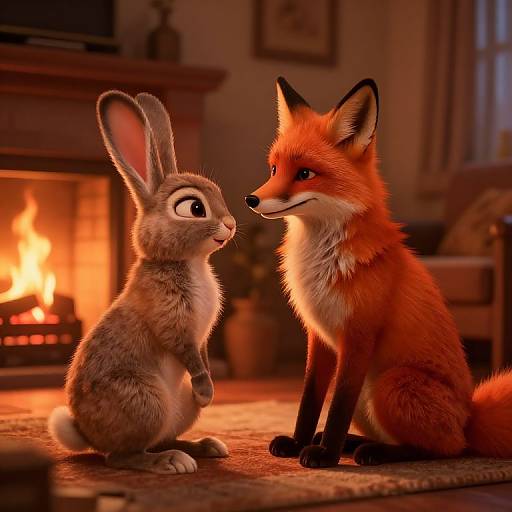 CGI image of a cute, grey-furred bunny and a red fox sitting by a warm, glowing fireplace, gazing at each other. Co