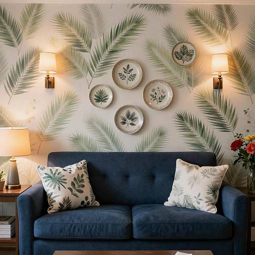Cozy Blue Sofa with Palm Wallpaper