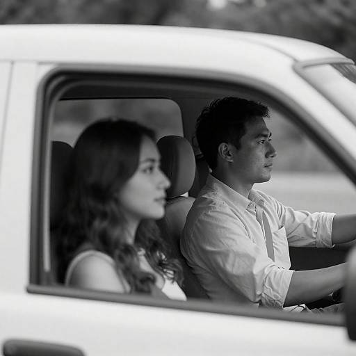 Black-and-White Photo: Couple Driving SUV
