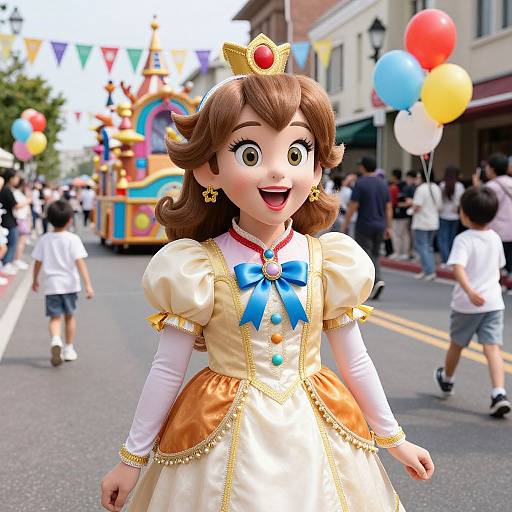 Photograph of a young girl in a Princess Peach costume, with a golden crown, wide-eyed smile, white and gold dress, blue bow, and