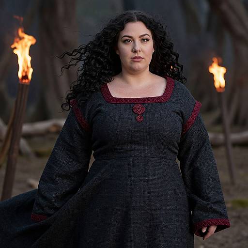 Photograph of a curvy, fair-skinned woman with long, curly black hair, wearing a medieval-style black dress with red trim, standing in