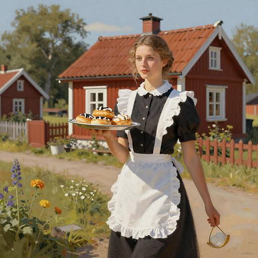 Swedish Maid with Pastries by Cottage