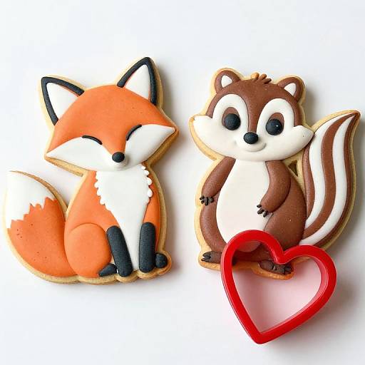 Cute photograph of two decorated animal cookies: an orange fox with white chest and black paws, and a brown squirrel with white belly, sitting next