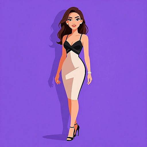 Digital illustration of a confident woman with long brown hair, wearing a black and white dress, black high heels, and a wristwatch, standing against a
