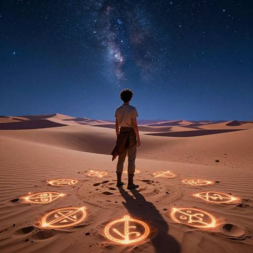 Photograph of a man with curly hair, back to camera, standing in a desert with glowing runes under a starry Milky Way.