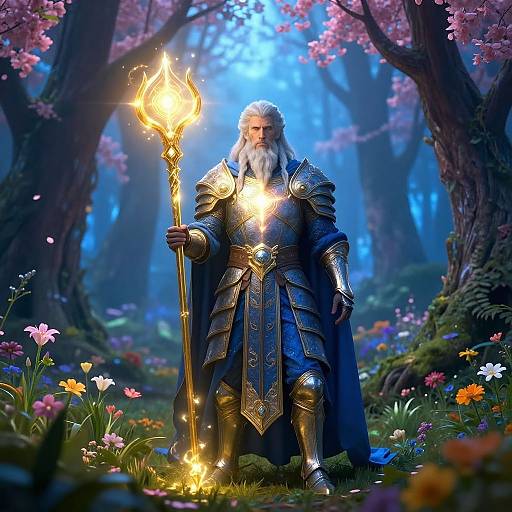 Mystical Silver-Haired Wizard in Enchanted Forest