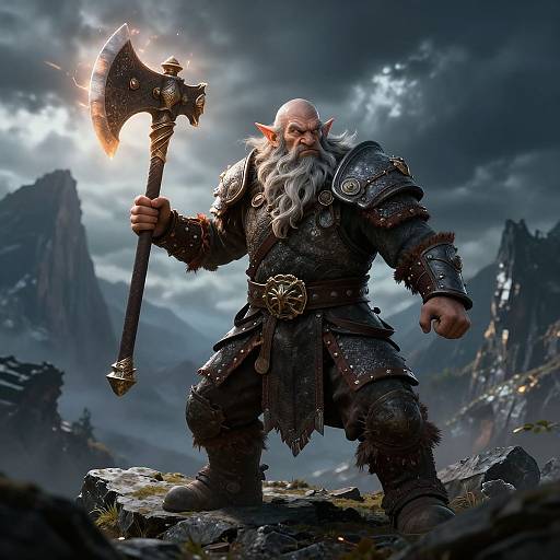 Digital artwork of a fierce, bearded, white-haired dwarf warrior with pointed ears, holding a glowing, ornate double-headed axe, in a dark