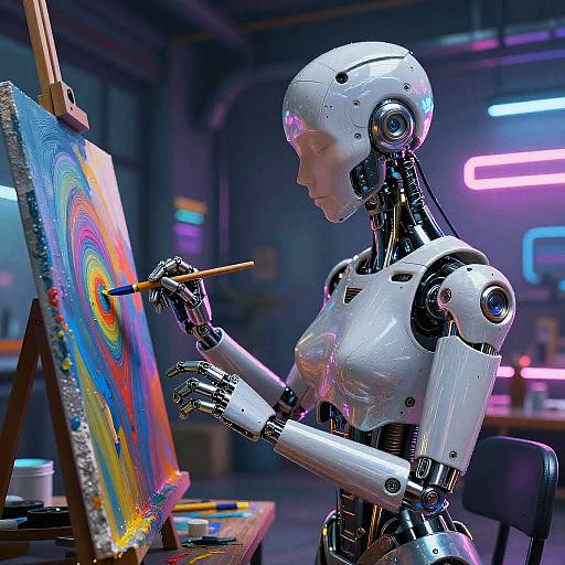Photorealistic CGI of a white robotic humanoid painting a colorful, abstract swirl on an easel in a neon-lit studio.