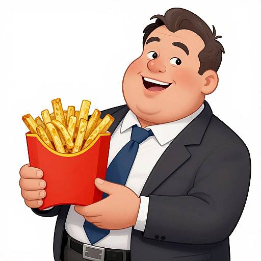Cartoon of a chubby, smiling man in a suit holding a red container of golden French fries against a white background.