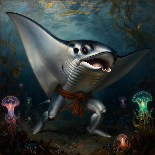 Armored Manta-Ray Priest in Bioluminescent Kelp Forest