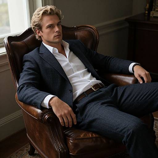 Photograph of a handsome, blonde Caucasian man in a dark blue pinstripe suit, white shirt, and brown leather armchair, reclining confidently