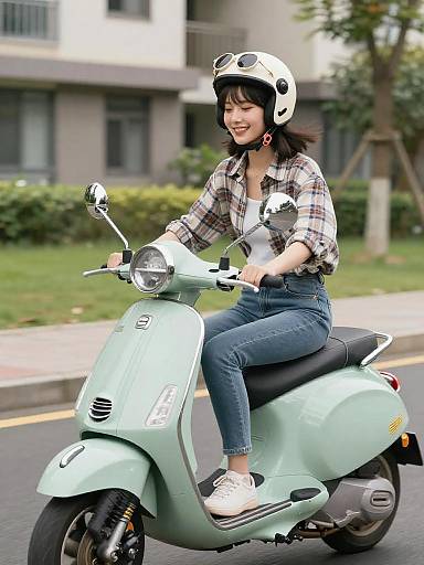 Smiling Woman on Mint Vintage Scooter