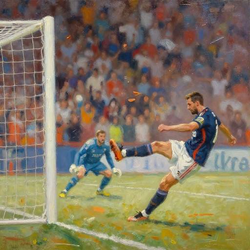 Dynamic painting of a soccer match: muscular player in navy and white kicks ball near goalpost, goalkeeper in blue dives to block. Blurred crowd in