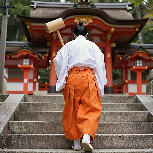 Shinto Priest Climbing Stone Stairs