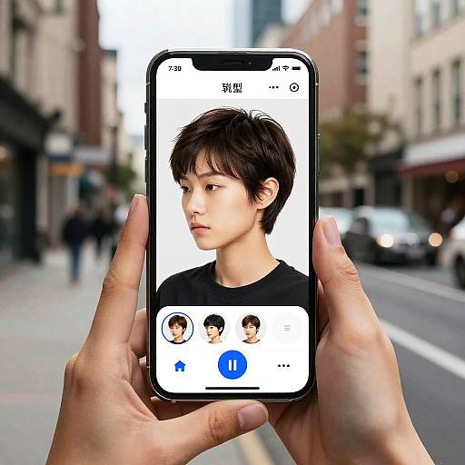 Photograph of a hand holding a smartphone displaying a portrait of a young Asian man with short black hair, set against a blurred urban street background.
