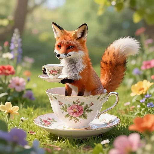 Victorian Fox in Floral Teacup
