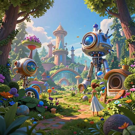 Vibrant, whimsical digital painting of a fairy-tale garden with robotic figures, colorful flowers, a princess, and a castle under a bright