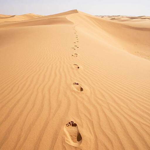 Photograph of a vast, sunlit desert with rippling sand dunes, footprints leading upward, under a bright, white sky.