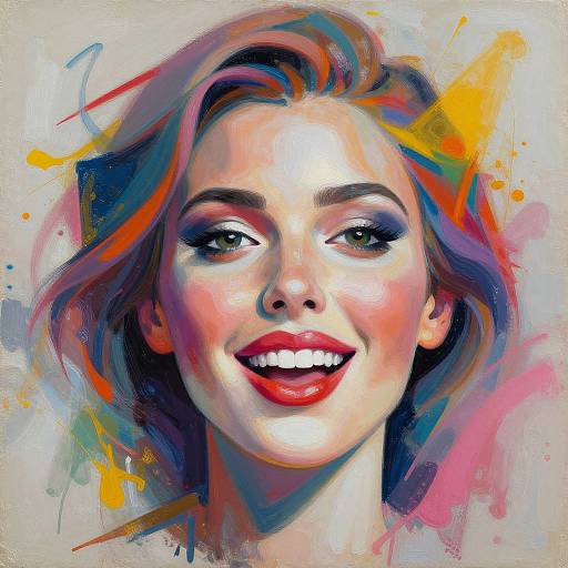 Vibrant digital painting of a smiling woman with colorful, wavy hair, red lips, and bright eyes, set against a splattered abstract background
