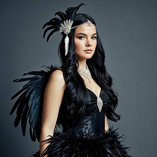 Woman in Elegant Black Feathered Dress